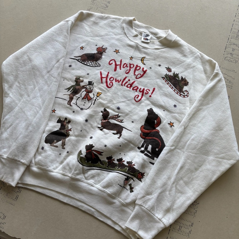 Vintage 90s Fruit of the Loom Happy Howlidays Dog Christmas Sweatshirt